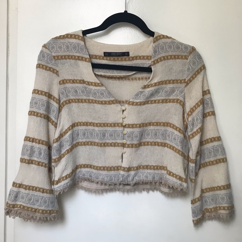 Zara Cream Woven Crop Top Bell Sleeves Fringe S